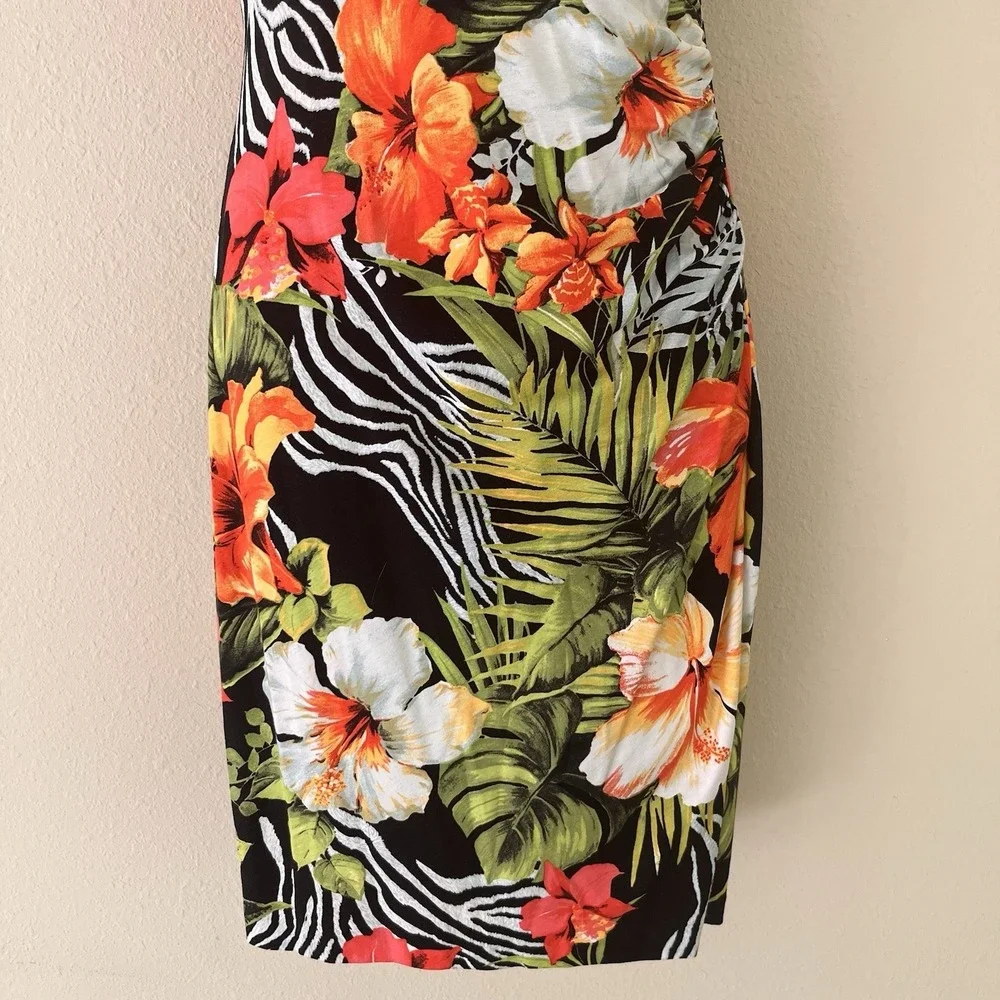 Vintage Cache Bodycon Dress Medium Faux Wrap Tropical Zebra 90s Maximalist USA - Picture 4 of 12